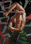  1boy abs armpits bandana bara biceps c_home chinese_commentary clothes_down commentary_request feet_out_of_frame green_hair green_kimono highres holding holding_sword holding_weapon japanese_clothes katana kimono large_pectorals looking_at_viewer male_focus mouth_hold muscular muscular_male navel nipples one_piece open_clothes open_kimono pectorals roronoa_zoro scar scar_on_chest short_hair solo stitches stomach sword topless_male triple_wielding veins weapon 