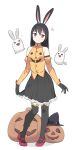  1girl animal_ears bangs bare_shoulders black_gloves black_hair black_legwear black_skirt breasts covered_collarbone detached_sleeves frilled_skirt frills full_body ghost gloves hair_between_eyes hair_ornament hairclip halloween heart highres jack-o&#039;-lantern long_hair looking_at_viewer original pleated_skirt rabbit_ears rabbit_girl red_eyes red_footwear saiste shirt shoes simple_background skirt skirt_hold small_breasts smile solo standing thighhighs white_background yellow_shirt 