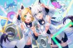  2girls :d ;d ahoge animal_ear_fluff animal_ears arm_up armpits artist_request bangs black_legwear black_shorts blonde_hair blue_neckerchief commentary_request cosplay d4dj detached_sleeves dress eyebrows_visible_through_hair floating_hair fox_ears fox_girl fox_shadow_puppet fox_tail green_eyes hair_between_eyes hand_up hololive hood hood_down long_hair long_sleeves midriff multiple_girls navel neckerchief official_art one_eye_closed open_mouth parted_bangs shirakami_fubuki shirakami_fubuki_(cosplay) shirt short_hair short_shorts shorts single_thighhigh sleeveless sleeveless_dress smile speaker tail takeshita_miiko thigh_strap thighhighs virtual_youtuber white_hair white_shirt 