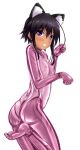  1girl animal_ears bangs black_hair bodysuit cat_ears commentary_request covered_nipples dark-skinned_female dark_skin eyebrows_visible_through_hair fake_animal_ears highres latex latex_bodysuit looking_at_viewer original pink_bodysuit purple_eyes shouyan skin_tight solo teeth 