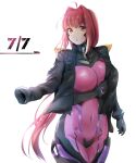 1girl ahoge bangs black_gloves black_jacket breasts covered_navel cureecoolan eyebrows_visible_through_hair fortified_suit gloves jacket jacket_on_shoulders kagami_sumika large_breasts long_hair looking_at_viewer muvluv muvluv_alternative pilot_suit red_eyes red_hair skin_tight solo very_long_hair white_background 