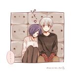  1boy 1girl bangs blush brown_legwear brown_pants brown_sweater colored_skin eyebrows_visible_through_hair grey_hair hair_over_one_eye heart kaneki_ken kirishima_touka knees_up leaning_on_person looking_at_another pants pantyhose red_skin sitting smile speech_bubble sweater tokyo_ghoul tokyo_ghoul:re toukaairab translated 