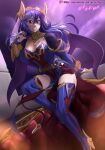  1girl absurdres alternate_costume backlighting blue_eyes blue_hair blue_legwear boots breasts cleavage couch demon_wings detached_sleeves fake_horns falchion_(fire_emblem) fire_emblem fire_emblem_awakening grin high_heels highres horned_headwear horns indoors long_hair long_sleeves lucina_(fire_emblem) medium_breasts on_couch patreon_username playing_with_own_hair short_shorts shorts signature smile solo strapless symbol-shaped_pupils thigh_boots thighhighs thighs veil vilde_loh_hocen wings 