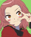  1girl :3 artist_name blush blush_stickers dated girls_und_panzer green_background highres looking_at_viewer nail_polish orange_eyes pink_hair red_nails rosehip_(girls_und_panzer) short_hair smile solo st._gloriana&#039;s_military_uniform upper_body v v-shaped_eyebrows zono_(inokura_syuzo029) 