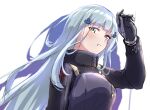  1girl 3_small_spiders :o bangs black_gloves blue_hair blush breasts commentary_request crossed_bangs eyebrows_visible_through_hair from_above girls&#039;_frontline gloves green_eyes hand_up hk416_(girls&#039;_frontline) long_hair looking_at_viewer medium_breasts open_mouth shadow solo_focus tactical_clothes teardrop_facial_mark teardrop_tattoo uniform upper_body white_background 