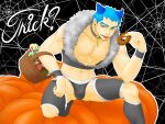  1boy :p abs animal_ears aqua_hair bara basket black_male_underwear briefs bulge commentary_request detached_leggings full_body halloween holding holding_basket looking_at_viewer male_focus male_underwear muscular muscular_male navel nipples pectoral_cleavage pectorals porkjinta shiki short_hair sideburns solo stomach tatsumi_(shiki) thighhighs thighs tongue tongue_out underwear wolf_boy wolf_ears 