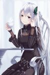  1girl absurdres black_dress butterfly_hair_ornament chair closed_mouth colored_eyelashes commentary_request cup dress echidna_(re:zero) hair_between_eyes hair_ornament highres holding holding_cup long_hair long_sleeves looking_at_viewer on_chair photoshop_(medium) re:zero_kara_hajimeru_isekai_seikatsu revision sitting smile solo table teacup tooku0 white_hair 