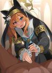  1boy 1girl atatatamu bar_censor blue_archive blue_eyes blurry blurry_background blush censored commentary_request cum ejaculation fingernails handjob hetero highres long_hair mari_(blue_archive) nun open_mouth orange_hair penis pov solo_focus 