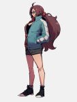  1girl android_21 black_footwear black_shorts blue_jacket breasts cleavage commentary_request dragon_ball dragon_ball_fighterz full_body glasses grey_background hand_in_pocket jacket kemachiku long_hair looking_away ponytail red_hair shoes shorts simple_background solo standing 