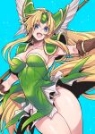  1girl :d armpits blonde_hair blue_background blue_eyes breasts cleavage eyebrows_visible_through_hair helmet highres holding holding_staff large_breasts long_hair low-tied_long_hair riesz seiken_densetsu seiken_densetsu_3 simple_background smile solo staff takatsuki_ichi thighs very_long_hair winged_helmet 