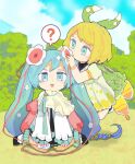  2girls ? aqua_eyes aqua_hair black_shirt black_skirt blonde_hair blue_hair bow braid capelet chibi commentary day dress floating flower gradient_hair green_bow green_capelet green_dress hair_bow hair_flower hair_ornament hands_on_own_knees hatsune_miku highres holding holding_flower kagamine_rin layered_sleeves long_hair looking_at_viewer magical_mirai_(vocaloid) medallion miniskirt multicolored_hair multiple_girls open_mouth outdoors pleated_skirt ribbon shirt short_hair sitting skirt spoken_question_mark tree twintails two-tone_hair very_long_hair vocaloid wariza white_dress white_flower white_sleeves wings yasuraka 