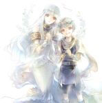  1boy 1girl brother_and_sister circlet closed_mouth dress fire_emblem fire_emblem:_the_blazing_blade green_hair grin head_tilt holding kuzumosu long_dress long_hair looking_at_viewer nils_(fire_emblem) ninian_(fire_emblem) red_eyes shiny shiny_hair short_hair short_sleeves shorts siblings silver_hair sleeveless sleeveless_dress smile standing very_long_hair white_background white_dress 