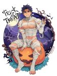  1boy abs bandages bara barefoot biceps bulge copyright_request erection erection_under_clothes feet halloween highres large_pectorals le looking_at_viewer male_focus moon mummy_costume muscular muscular_male pectorals pumpkin short_hair signature smile solo toes torakichi_(ebitendon) 