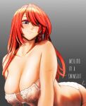  1girl bangs bent_over blue_eyes blush braid breasts character_name cleavage closed_mouth commentary_request cross_scar from_below gradient gradient_background grey_background hair_between_eyes hair_over_one_eye highres hong_meiling koyubi_(littlefinger1988) large_breasts long_hair looking_at_viewer no_hat no_headwear red_hair scar side_braid simple_background smile solo touhou underwear 