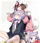  2girls :3 :o alternate_costume animal_ears animal_hood black_jacket brown_eyes brown_hair cat_ears crossed_legs cutting_hair dog_ears dog_hood highres hololive hood inugami_korone jacket karei mirror multiple_girls nekomata_okayu official_alternate_costume purple_eyes purple_hair scissors simple_background slippers virtual_youtuber white_background 