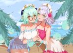  2girls absurdres ai_dongdong bangs bare_shoulders beach blush braid breasts collarbone day frills genshin_impact glasses green_eyes green_hair hair_ornament highres holding_hands large_breasts looking_at_viewer miniskirt multiple_girls noelle_(genshin_impact) ocean outdoors palm_tree short_hair silver_hair skirt slime_(creature) slime_(genshin_impact) standing sucrose_(genshin_impact) swimsuit tree yellow_eyes 