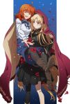  2girls ahoge anniversary_blonde_(fate) bangs black_dress blonde_hair blush breasts cloak closed_eyes dress ereshkigal_(fate) fate/grand_order fate_(series) fujimaru_ritsuka_(female) hair_ornament hair_scrunchie hood hooded_cloak long_hair medium_breasts multiple_girls oiun one_side_up open_mouth orange_hair pantyhose parted_bangs red_eyes scrunchie short_hair smile two_side_up yuri 