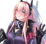  1girl 3_small_spiders =3 assault_rifle black_gloves black_jacket black_scarf blush closed_mouth commentary_request eyebrows_visible_through_hair girls&#039;_frontline gloves gun hand_up headphones highres holding holding_gun holding_weapon jacket long_hair looking_at_viewer m4_carbine m4_sopmod_ii m4_sopmod_ii_(girls&#039;_frontline) multicolored_hair pink_eyes pink_hair rifle scarf shadow smile solo_focus upper_body uwu walkie-talkie weapon white_background 
