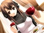  1girl :d bangs breasts brown_eyes brown_hair cup dress drinking_glass dutch_angle eyebrows_visible_through_hair food fujimi_setsuna fumio_(ura_fmo) game_cg hair_between_eyes hair_ornament hairclip holding holding_cup jewelry long_hair long_sleeves medium_breasts necklace official_art pinafore_dress shiny shiny_hair sleeveless sleeveless_dress smile solo_focus sweater turtleneck turtleneck_sweater white_dress wine_glass yukiuta 