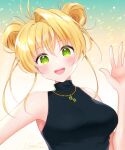  1girl :d aeru blonde_hair blush breasts double_bun green_eyes hair_bun jewelry looking_at_viewer medium_breasts naomi_(fantasia) necklace simoun sleeveless smile solo upper_body waving 