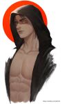  1boy abs absurdres alternate_pectoral_size commentary_request cropped_torso ekit70 eren_yeager face highres hood hood_up jacket large_pectorals lips male_focus nipples older open_clothes open_jacket pectoral_cleavage pectorals shingeki_no_kyojin short_hair solo stomach 
