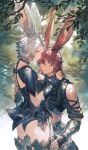  1boy 1girl absurdres animal_ears arm_around_waist ass avatar_(ffxiv) bangs blue_eyes breasts brown_hair final_fantasy final_fantasy_xiv fingerless_gloves forest from_side gloves highres looking_at_viewer maekakekamen medium_breasts nature rabbit_ears red_eyes short_hair viera 