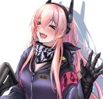  1girl 3_small_spiders assault_rifle black_gloves black_jacket black_scarf blush closed_eyes commentary_request eyebrows_visible_through_hair girls&#039;_frontline gloves gun hand_up headphones highres holding holding_gun holding_weapon jacket long_hair looking_at_viewer m4_carbine m4_sopmod_ii m4_sopmod_ii_(girls&#039;_frontline) multicolored_hair open_mouth pink_hair rifle scarf shadow smile solo_focus upper_body walkie-talkie weapon white_background 