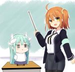  2girls ahoge bangs blush breasts chibi ciel_(tsukihime) ciel_(tsukihime)_(cosplay) cosplay fate/grand_order fate_(series) fujimaru_ritsuka_(female) green_hair hair_ornament hair_scrunchie horns kiyohime_(fate) long_hair long_sleeves looking_at_viewer medium_breasts multiple_girls neco-arc neco-arc_(cosplay) one_side_up open_mouth orange_eyes orange_hair scrunchie sen_(astronomy) short_hair skirt smile tsukihime tsukihime_(remake) 