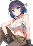  1girl absurdres arknights bare_shoulders black_gloves black_hair blue_eyes blue_hair breasts camisole commentary crop_top eunectes_(arknights) eunectes_(forgemaster)_(arknights) gloves highres k@bu multicolored_hair navel official_alternate_costume pants pointy_ears short_hair solo spaghetti_strap two-tone_hair underboob 