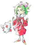  1girl dress earrings final_fantasy final_fantasy_vi fur_trim green_eyes green_hair hair_ornament highres jewelry long_hair long_sleeves mog moogle ponytail setz smoking tina_branford wide_sleeves wings 