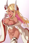  1girl bare_shoulders blonde_hair bottomless breasts breasts_outside crop_top dark-skinned_female dark_skin draph fellatio_gesture fur_trim gourd granblue_fantasy heart heart-shaped_pupils highres horn_ornament horn_ribbon horns jacket jefflink kumbhira_(granblue_fantasy) midriff multicolored_hair navel nipples pink_hair pointy_ears ribbon solo strap_slip symbol-shaped_pupils thighhighs tongue tongue_out two-tone_hair underwear wide_sleeves yellow_eyes 