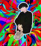  1boy bangs black_eyes black_hair blunt_bangs colorful gakuran hugging_own_legs kageyama_shigeo male_focus mob_psycho_100 multicolored_background psychedelic school_uniform short_hair sitting solo xiaxin_(shu0911) 