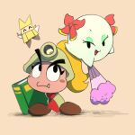  3girls :d ^_^ blonde_hair blush_stickers book bow closed_eyes fang fang_out goombella hand_fan helmet highres holding holding_fan long_hair looking_at_viewer mario_(series) mining_helmet multiple_girls nendo23 olivia_(paper_mario) open_mouth paper_mario paper_mario:_the_origami_king paper_mario:_the_thousand_year_door paper_mario_64 red_bow resaresa simple_background smile 
