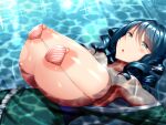  1girl areolae bangs blue_eyes blue_hair breasts drill_locks frills head_fins highres huge_breasts kawahagi-tei large_areolae light_rays looking_at_viewer mermaid monster_girl nipple_slip nipples open_mouth outdoors partially_submerged shell shell_bikini short_hair solo touhou upper_body wakasagihime water 