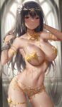  1girl areola_slip areolae bangs black_hair breasts circlet cleavage clenched_teeth collarbone dancer dark-skinned_female dark_skin duplicate earrings eyebrows_visible_through_hair g-string gold_trim hair_between_eyes headpiece highres jewelry large_breasts long_hair looking_at_viewer navel original parted_lips pixel-perfect_duplicate red_eyes revealing_clothes see-through smile solo standing suzuame_yatsumi tan teeth thighs thong veil 