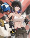  1girl absurdres arknights arm_strap bangs bare_shoulders black_gloves black_hair blue_eyes blue_hair blunt_bangs breasts camisole cleavage crop_top eunectes_(arknights) eunectes_(forgemaster)_(arknights) gloves high_priest_(arknights) highres looking_at_viewer midriff multicolored_hair navel nokke_o official_alternate_costume pants pointy_ears pouch short_hair solo spaghetti_strap stomach 