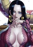  1girl :d absurdres black_hair blue_eyes boa_hancock breasts cleavage collarbone earrings highres jewelry kyonamu large_breasts long_hair looking_at_viewer one_piece salome_(one_piece) shiny shiny_hair smile snake solo_focus upper_body white_background 