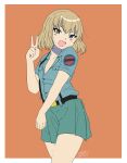  1girl :d absurdres aoshidan_(emblem) aoshidan_school_uniform artist_name bangs belt black_belt blonde_hair blue_eyes blue_shirt blush_stickers collared_shirt commentary cowboy_shot dated emblem fang girls_und_panzer green_skirt head_tilt highres katyusha_(girls_und_panzer) looking_at_viewer miniskirt open_mouth orange_background outside_border partially_unbuttoned pleated_skirt school_uniform shirt short_hair signature skin_fang skirt smile solo standing suspender_skirt suspenders v v-shaped_eyebrows zono_(inokura_syuzo029) 