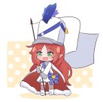  1girl arknights cape chibi drum_major eyebrows_visible_through_hair fang flag full_body green_eyes hat holding holding_flag kurotofu long_hair long_sleeves myrtle_(arknights) myrtle_(light_gold_celebration)_(arknights) official_alternate_costume open_mouth pointy_ears red_hair skin_fang smile solo standing thighhighs white_cape white_flag white_headwear 