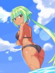  1girl ass azure_striker_gunvolt breasts cloud cougar_(cougar1404) dark-skinned_female dark_skin day earrings green_eyes green_hair jewelry long_hair looking_at_viewer smile solo stella_(gunvolt) swimsuit water 