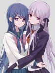  2girls absurdres bangs black_gloves black_skirt blue_eyes blue_hair bow bowtie braid collarbone collared_shirt danganronpa:_trigger_happy_havoc danganronpa_(series) gloves hair_ornament hair_ribbon hairclip highres hug jacket kirigiri_kyouko long_hair long_sleeves looking_at_viewer maizono_sayaka multiple_girls necktie open_clothes open_jacket pink_bow pink_bowtie pleated_skirt purple_eyes purple_hair ribbon rurero_666 sailor_collar school_uniform serafuku shiny shiny_hair shirt side_braid single_braid skirt small_hands smile white_shirt 