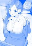  1girl blue_theme breasts commentary_request getsuyoubi_no_tawawa gyouza_pudding himura_kiseki_(style) kouhai-chan_(tawawa) large_breasts long_hair monochrome office_lady open_mouth sweat tawawa_group 