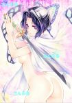  1girl animal_print ass black_eyes breasts butterfly_hair_ornament butterfly_print flower from_side gradient_hair hair_ornament haori holding holding_sword holding_weapon japanese_clothes katana kimetsu_no_yaiba kochou_shinobu looking_at_viewer looking_back medium_breasts multicolored_hair nude open_clothes purple_eyes purple_hair short_hair sideboob sidelocks solo standing sword traditional_media translation_request weapon wisteria yqgkg 