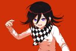  1boy absurdres alternate_hair_color bangs buttons checkered checkered_neckwear checkered_scarf danganronpa_(series) danganronpa_v3:_killing_harmony double-breasted hair_between_eyes hand_up highres jacket long_sleeves lower_teeth male_focus medium_hair multicolored_hair open_mouth ouma_kokichi purple_eyes red_background red_hair sanmian_(chidarakeno) scarf simple_background solo teeth two-tone_hair upper_body white_jacket 