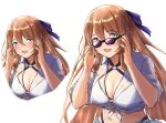  1girl 3_small_spiders bikini blush commentary_request eyebrows_visible_through_hair girls&#039;_frontline green_eyes hair_ribbon hand_on_eyewear highres long_hair looking_at_viewer open_mouth orange_hair purple_ribbon ribbon smile solo springfield_(girls&#039;_frontline) sunglasses swimsuit tank_top upper_body white_background white_bikini white_swimsuit white_tank_top 