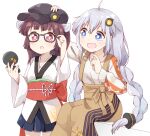  2girls a.i._voice adjusting_eyewear ahoge bespectacled black_headwear blue_skirt braid brown_hair brown_skirt cabbie_hat commentary compact_(cosmetics) glasses grey_hair hair_ornament hair_tubes hand_up hat headgear headpat high-waist_skirt highres holding_compact japanese_clothes kimono kizuna_akari long_hair medium_hair miniskirt multiple_girls ne_(dreamyee) obi open_mouth pleated_skirt red_eyes sash shirt sitting skirt smile standing suspender_skirt suspenders touhoku_kiritan twin_braids very_long_hair vocaloid voiceroid white_background white_kimono white_shirt 