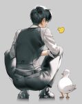  1boy back belt bird black_footwear black_hair black_pants black_vest collar collared_shirt commentary_request duck formal from_behind full_body grey_background highres ishida_(segu_ishida) long_sleeves male_focus original pants pocket shirt short_hair simple_background solo squatting suit vest white_shirt 