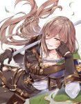  1boy belt bracelet braid brown_eyes brown_hair clothing_cutout gloves granblue_fantasy hand_on_own_cheek hand_on_own_face holding holding_weapon iro_178 jewelry lamorak_(granblue_fantasy) leaves_in_wind long_bangs long_hair looking_at_viewer lying male_focus on_side over_shoulder shirt smile solo thigh_cutout vial weapon weapon_over_shoulder white_background white_shirt 