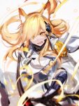  1girl animal_ear_fluff animal_ears arknights armor bell blonde_hair commentary_request fighting_stance floating_hair grey_background headphones headset highres holding holding_weapon horse_ears implied_extra_ears long_hair looking_at_viewer nearl_(arknights) nearl_the_radiant_knight_(arknights) official_alternate_costume open_mouth originium_arts_(arknights) simple_background solo teeth upper_body weapon white_background yellow_eyes zuo_daoxing 