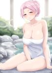  1girl alternate_hairstyle breasts cleavage hair_bun hair_up highres kantai_collection large_breasts looking_at_viewer luigi_di_savoia_duca_degli_abruzzi_(kancolle) multicolored_hair naked_towel onsen outdoors pink_eyes pink_hair red_hair rock sitting solo streaked_hair takomeshi towel water wet 